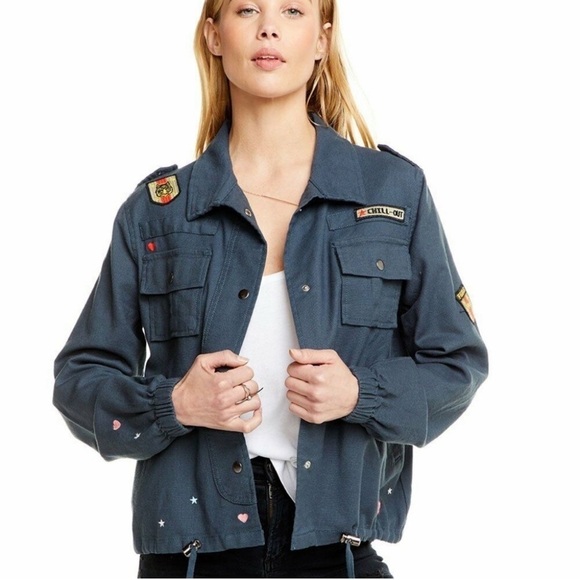 NWT Chaser vintage canvas Black military jacket w/patches Chill-out Feels Hart M - Picture 3 of 10